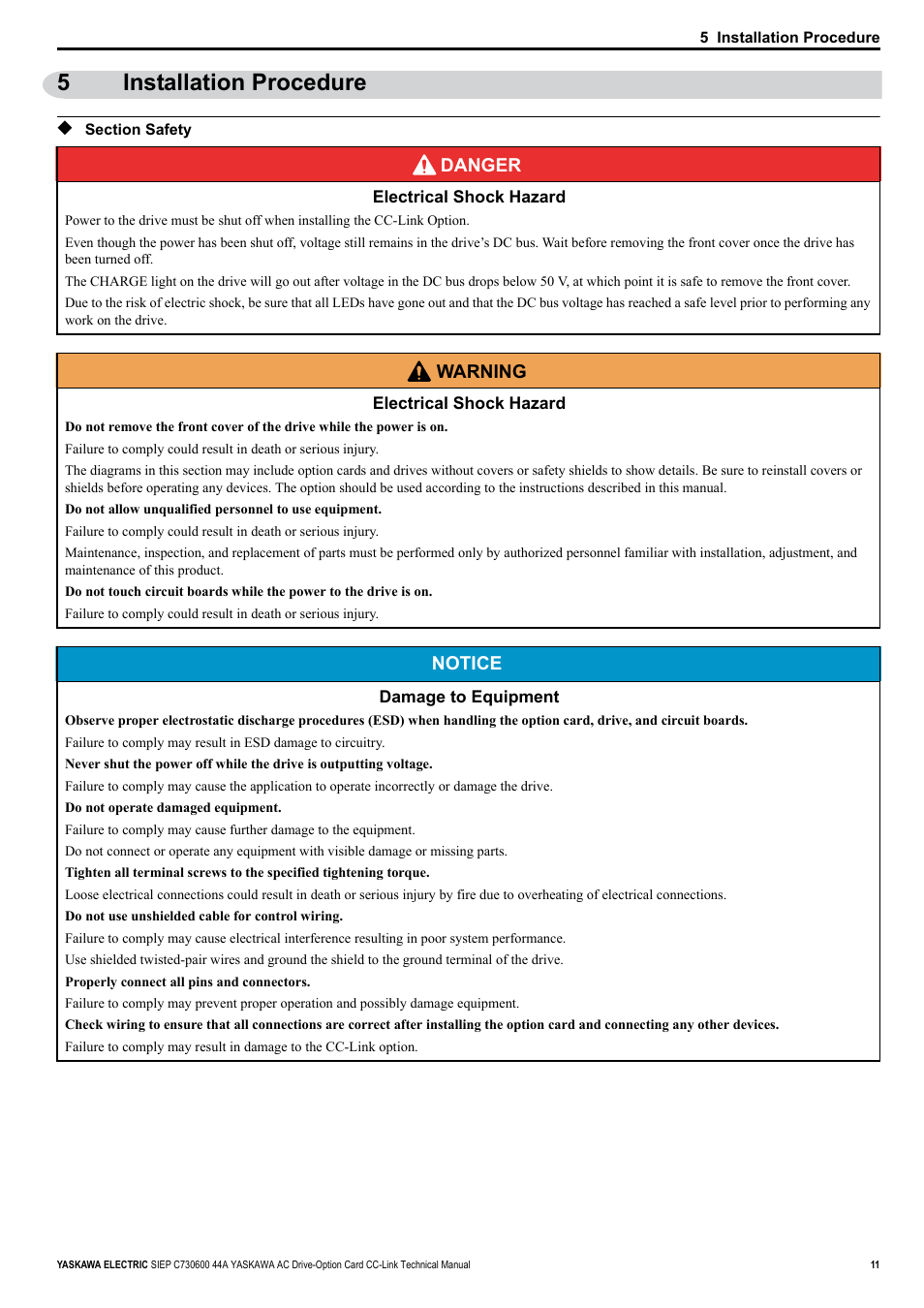 5 installation procedure, Section safety, 5installation procedure | Yaskawa 1000 Series Drive Option - CC-Link Technical Manual User Manual | Page 11 / 36