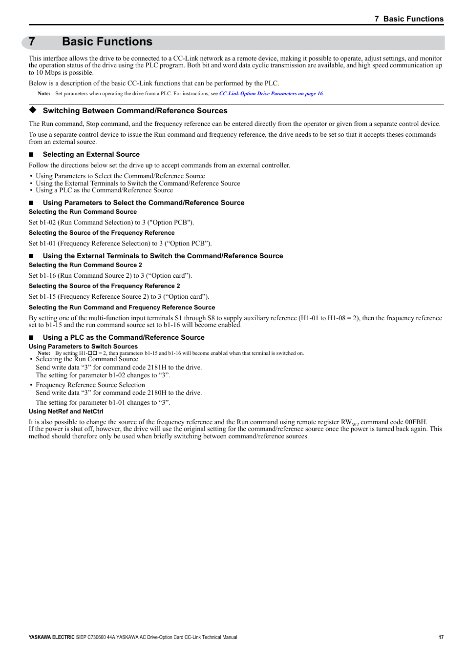 7 basic functions, Switching between command/reference sources, 7basic functions | Yaskawa 1000 Series Drive Option - CC-Link Technical Manual User Manual | Page 17 / 36