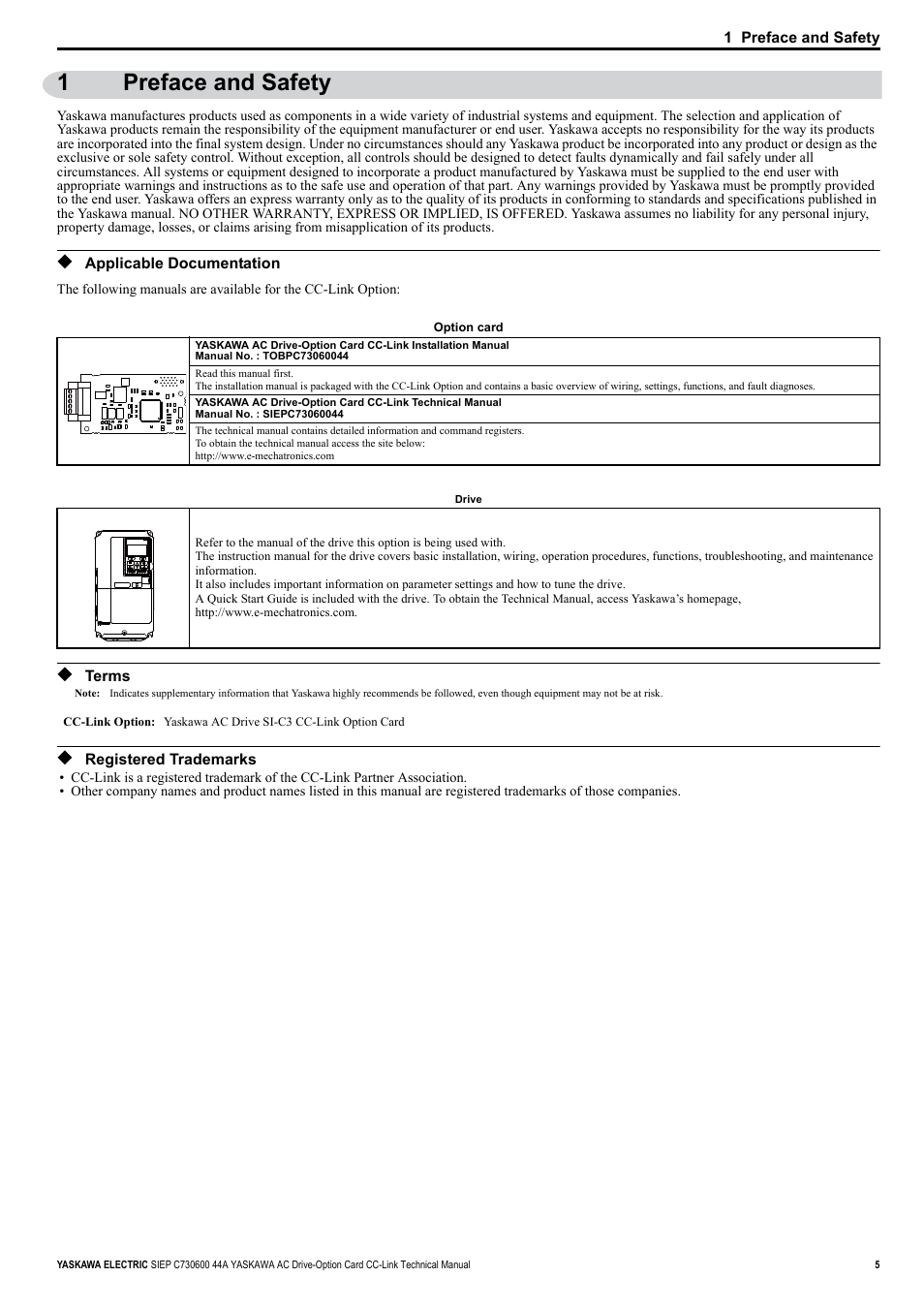 1 preface and safety, Applicable documentation, Terms | Registered trademarks, 1preface and safety | Yaskawa 1000 Series Drive Option - CC-Link Technical Manual User Manual | Page 5 / 36