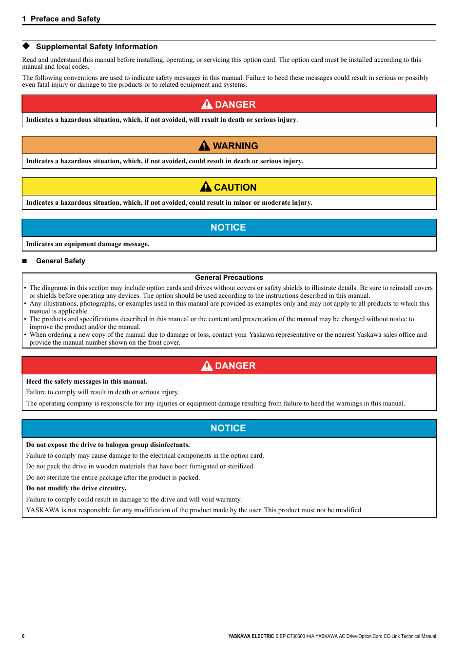 Supplemental safety information, Danger, W arning | Caution, Notice | Yaskawa 1000 Series Drive Option - CC-Link Technical Manual User Manual | Page 6 / 36