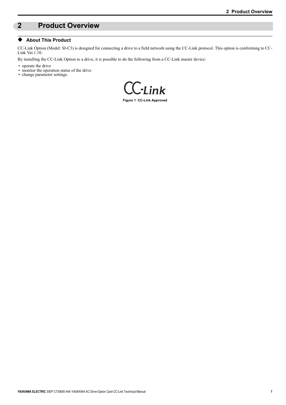 2 product overview, About this product, 2product overview | Yaskawa 1000 Series Drive Option - CC-Link Technical Manual User Manual | Page 7 / 36