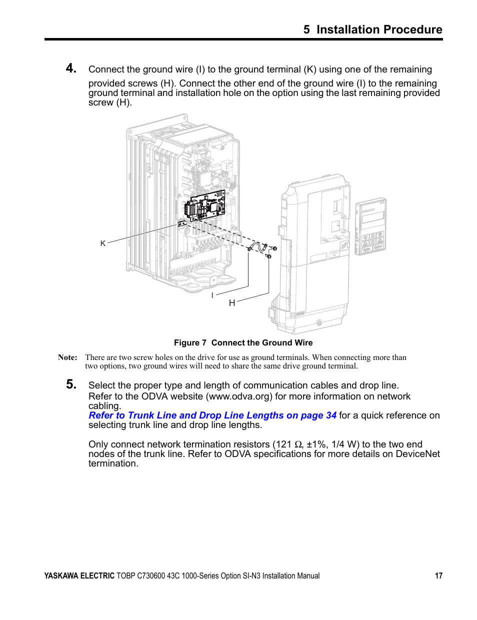 5 installation procedure | Yaskawa 1000 Series Drive Option - DeviceNet Installation User Manual | Page 17 / 37