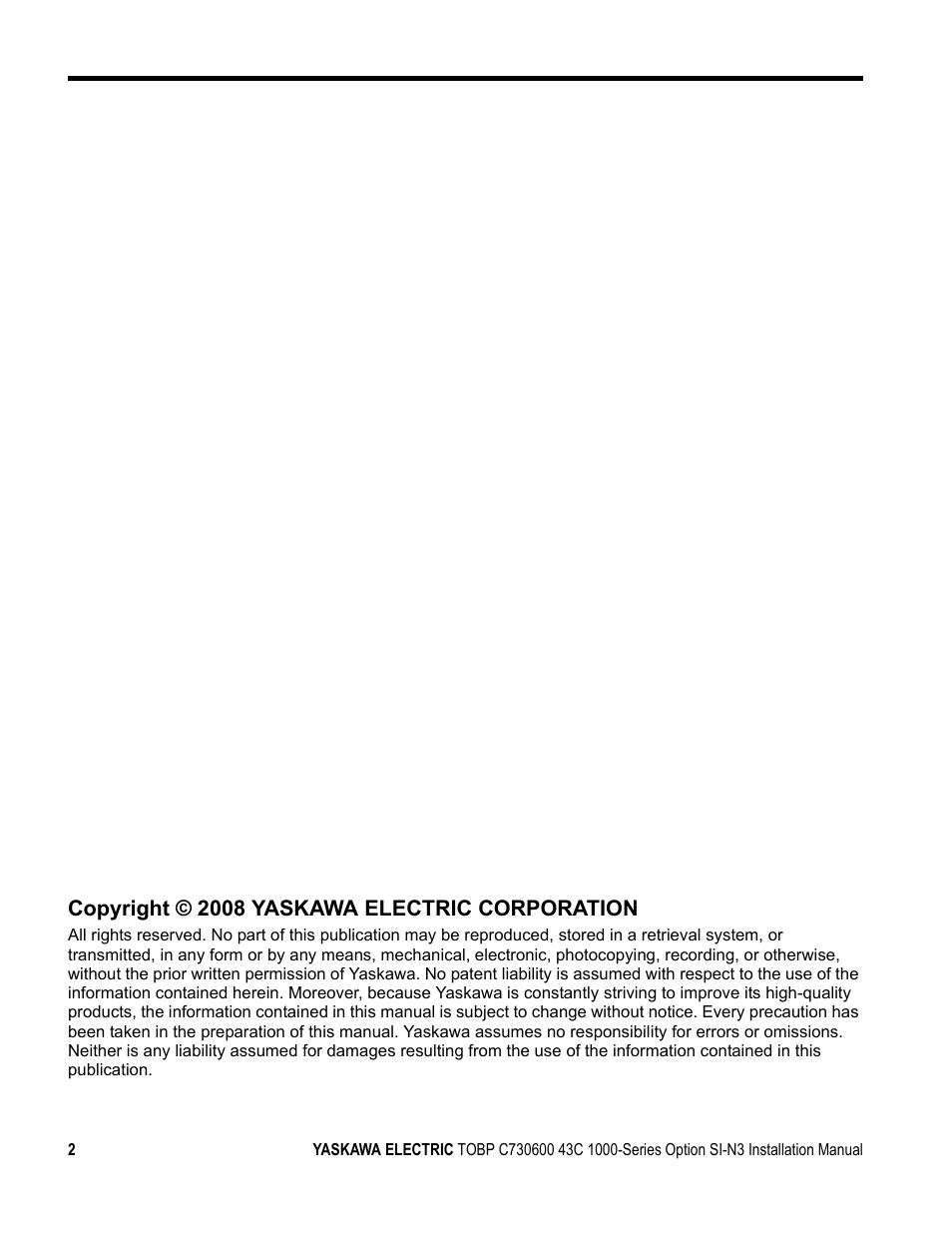 Copyright © 2008 yaskawa electric corporation | Yaskawa 1000 Series Drive Option - DeviceNet Installation User Manual | Page 2 / 37