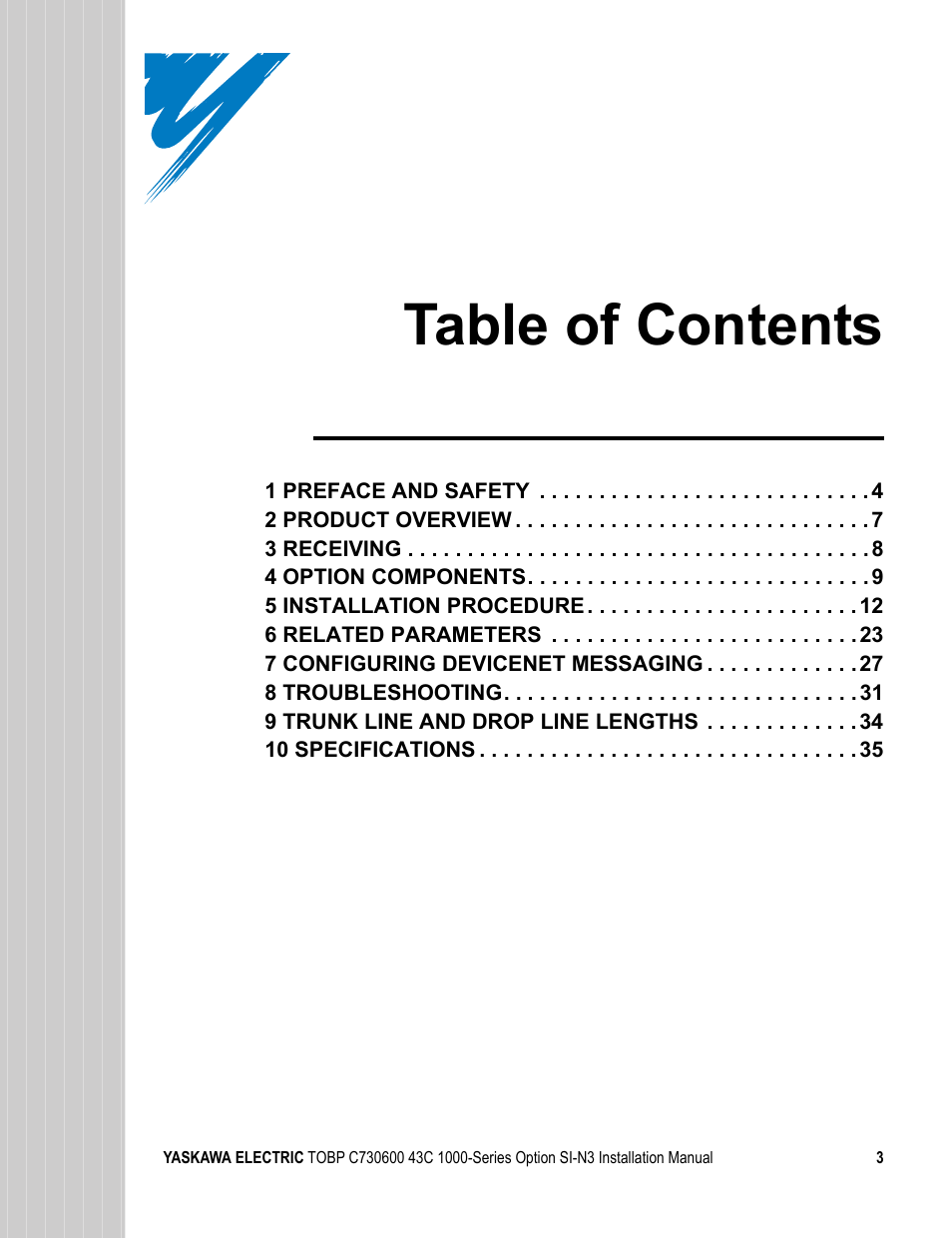 Yaskawa 1000 Series Drive Option - DeviceNet Installation User Manual | Page 3 / 37