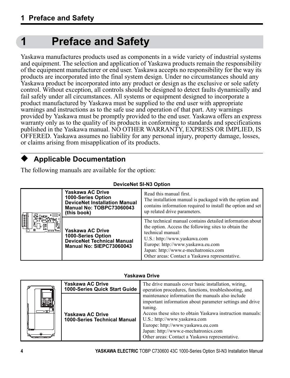1 preface and safety, Applicable documentation, 1preface and safety | Yaskawa 1000 Series Drive Option - DeviceNet Installation User Manual | Page 4 / 37