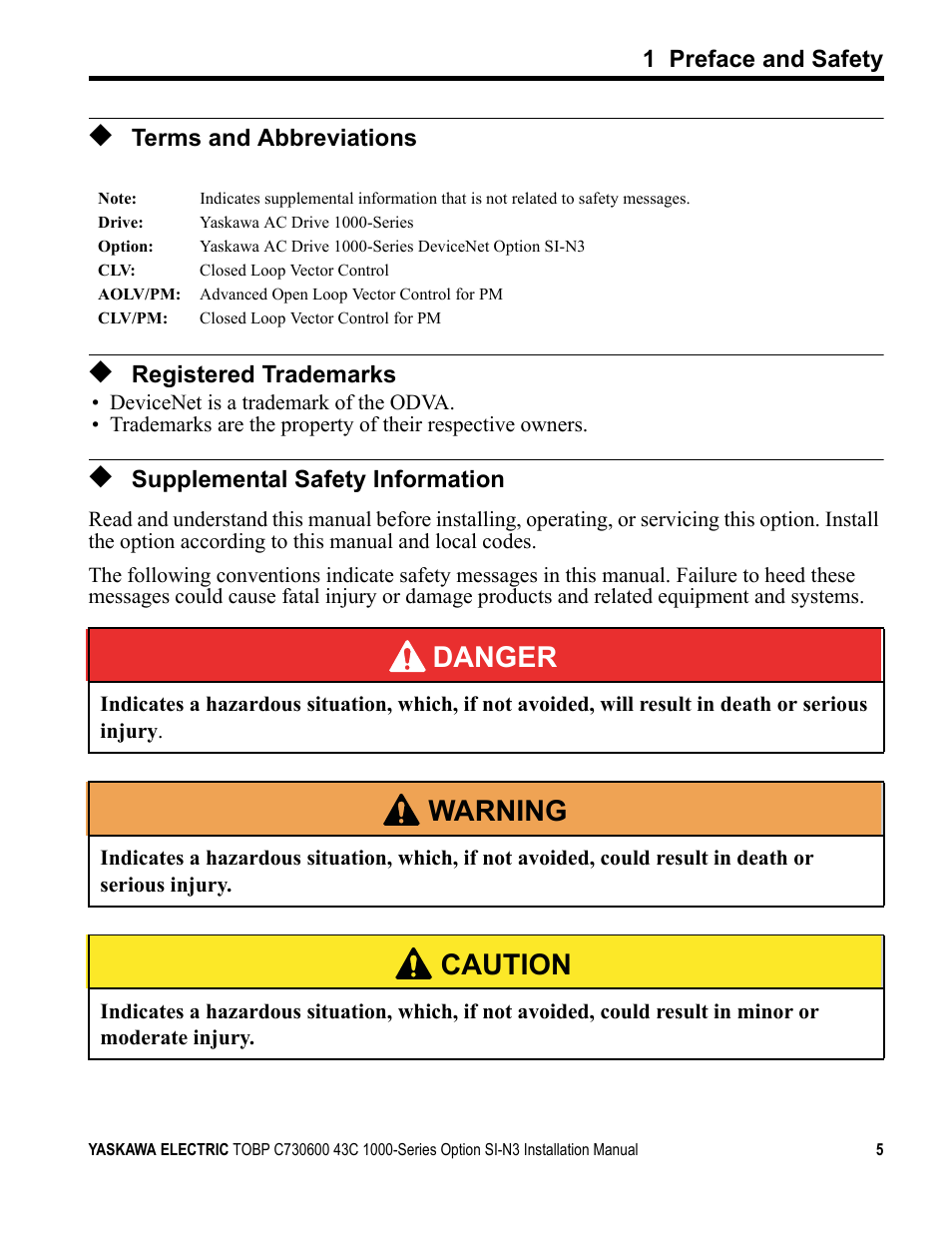Terms and abbreviations, Registered trademarks, Supplemental safety information | Danger, W arning, Caution | Yaskawa 1000 Series Drive Option - DeviceNet Installation User Manual | Page 5 / 37