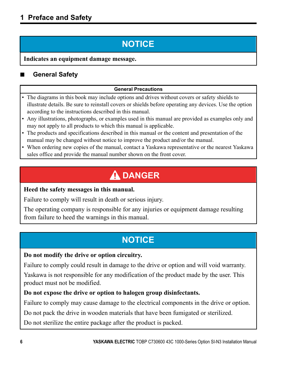 Notice, Danger | Yaskawa 1000 Series Drive Option - DeviceNet Installation User Manual | Page 6 / 37