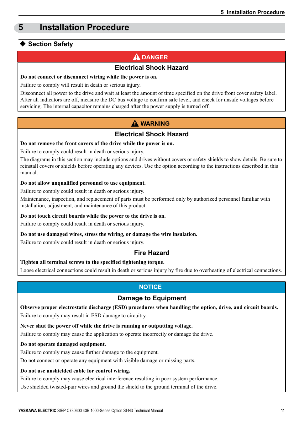 5 installation procedure, Section safety, 5installation procedure | Yaskawa 1000 Series Drive Option - DeviceNet Technical Manual User Manual | Page 11 / 81