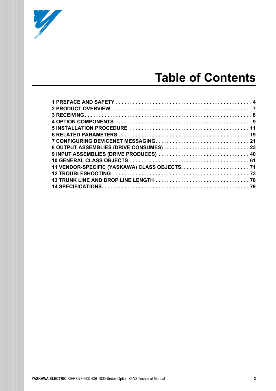 Yaskawa 1000 Series Drive Option - DeviceNet Technical Manual User Manual | Page 3 / 81