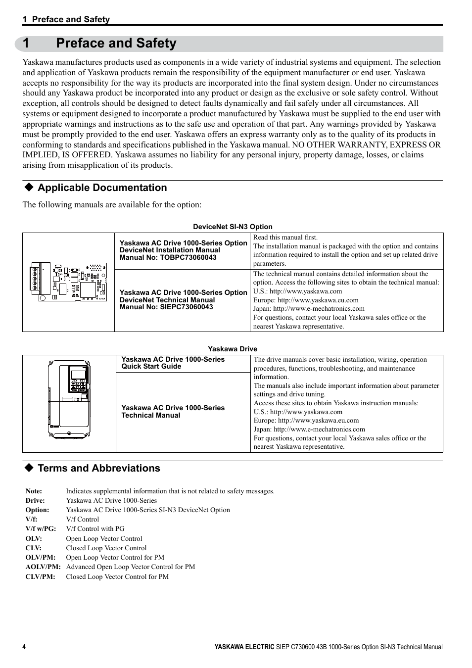 1 preface and safety, Applicable documentation, Terms and abbreviations | 1preface and safety | Yaskawa 1000 Series Drive Option - DeviceNet Technical Manual User Manual | Page 4 / 81