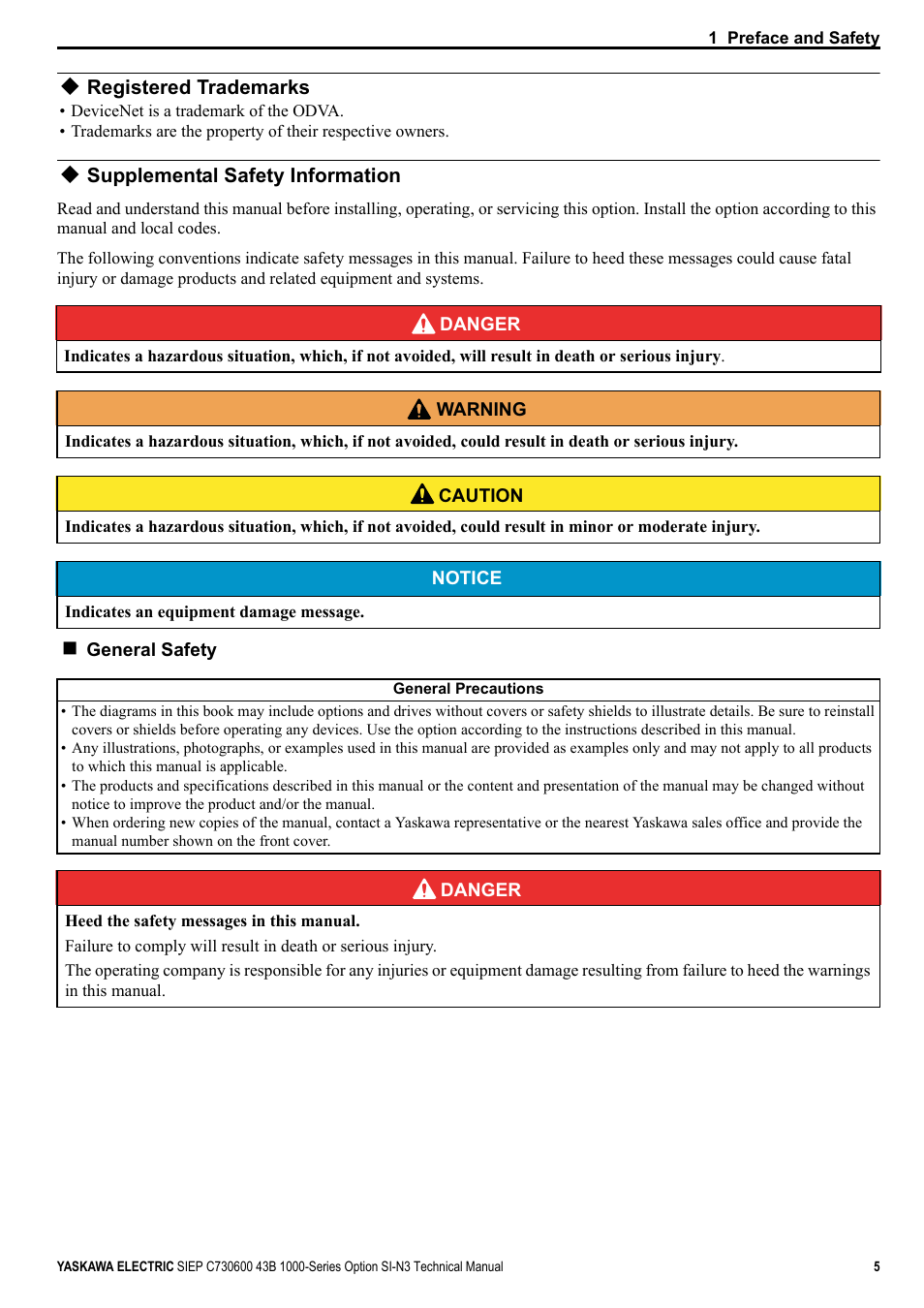 Registered trademarks, Supplemental safety information | Yaskawa 1000 Series Drive Option - DeviceNet Technical Manual User Manual | Page 5 / 81