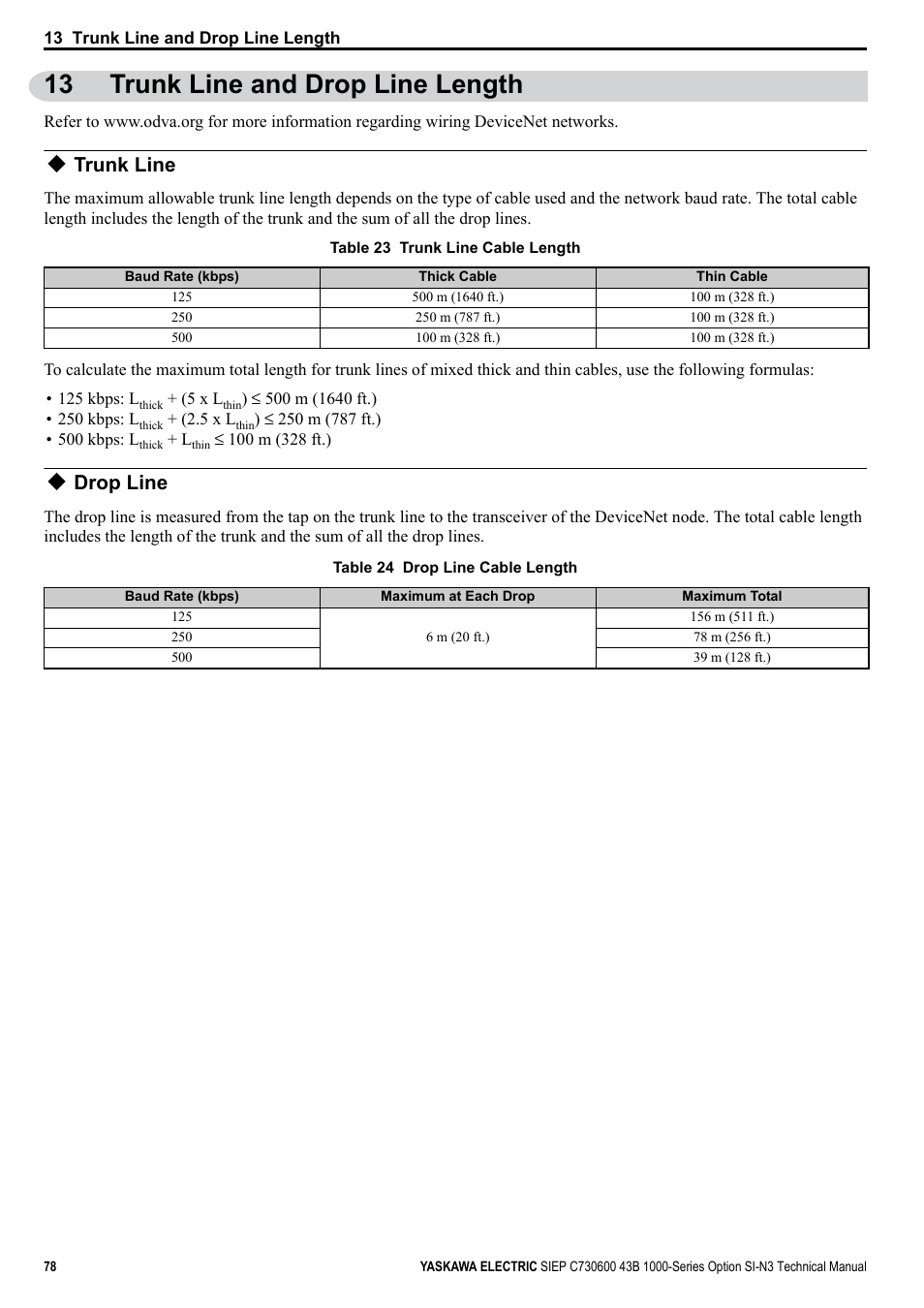 13 trunk line and drop line length, Trunk line, Drop line | For det | Yaskawa 1000 Series Drive Option - DeviceNet Technical Manual User Manual | Page 78 / 81