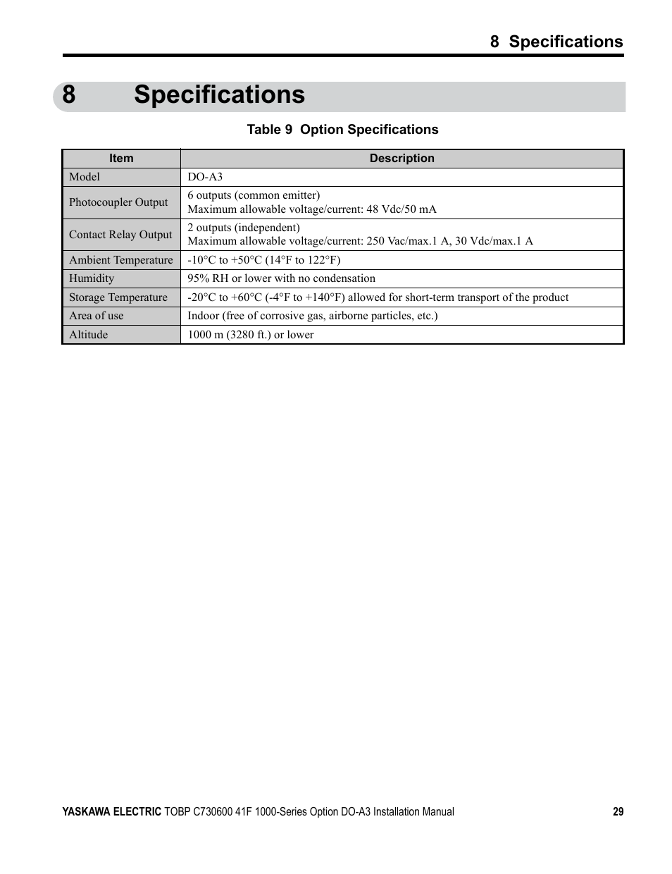 8 specifications, 8specifications | Yaskawa 1000 Series Drive Option - Digital Output Installation User Manual | Page 29 / 31