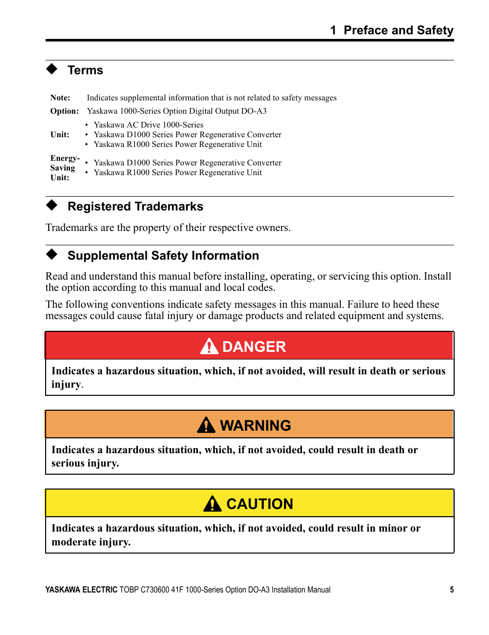 Terms, Registered trademarks, Supplemental safety information | Danger, W arning, Caution | Yaskawa 1000 Series Drive Option - Digital Output Installation User Manual | Page 5 / 31
