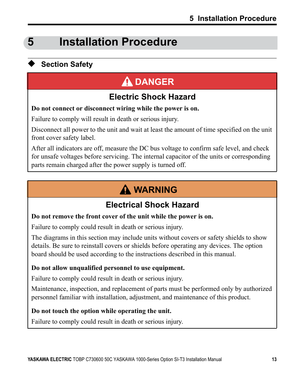 5 installation procedure, Section safety, 5installation procedure | Danger, W arning | Yaskawa 1000 Series Drive Option - MECHATROLINK-II Installation User Manual | Page 13 / 32