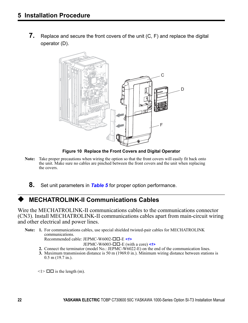 Mechatrolink-ii communications cables, 5 installation procedure | Yaskawa 1000 Series Drive Option - MECHATROLINK-II Installation User Manual | Page 22 / 32