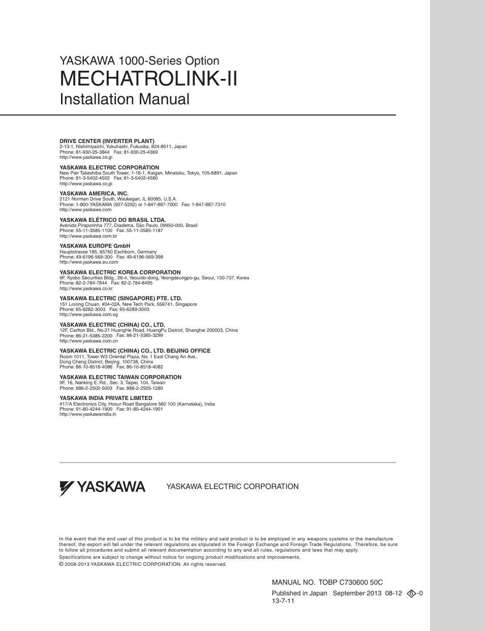 Back cover, Mechatrolink-ii, Installation manual | Yaskawa 1000-series option | Yaskawa 1000 Series Drive Option - MECHATROLINK-II Installation User Manual | Page 32 / 32