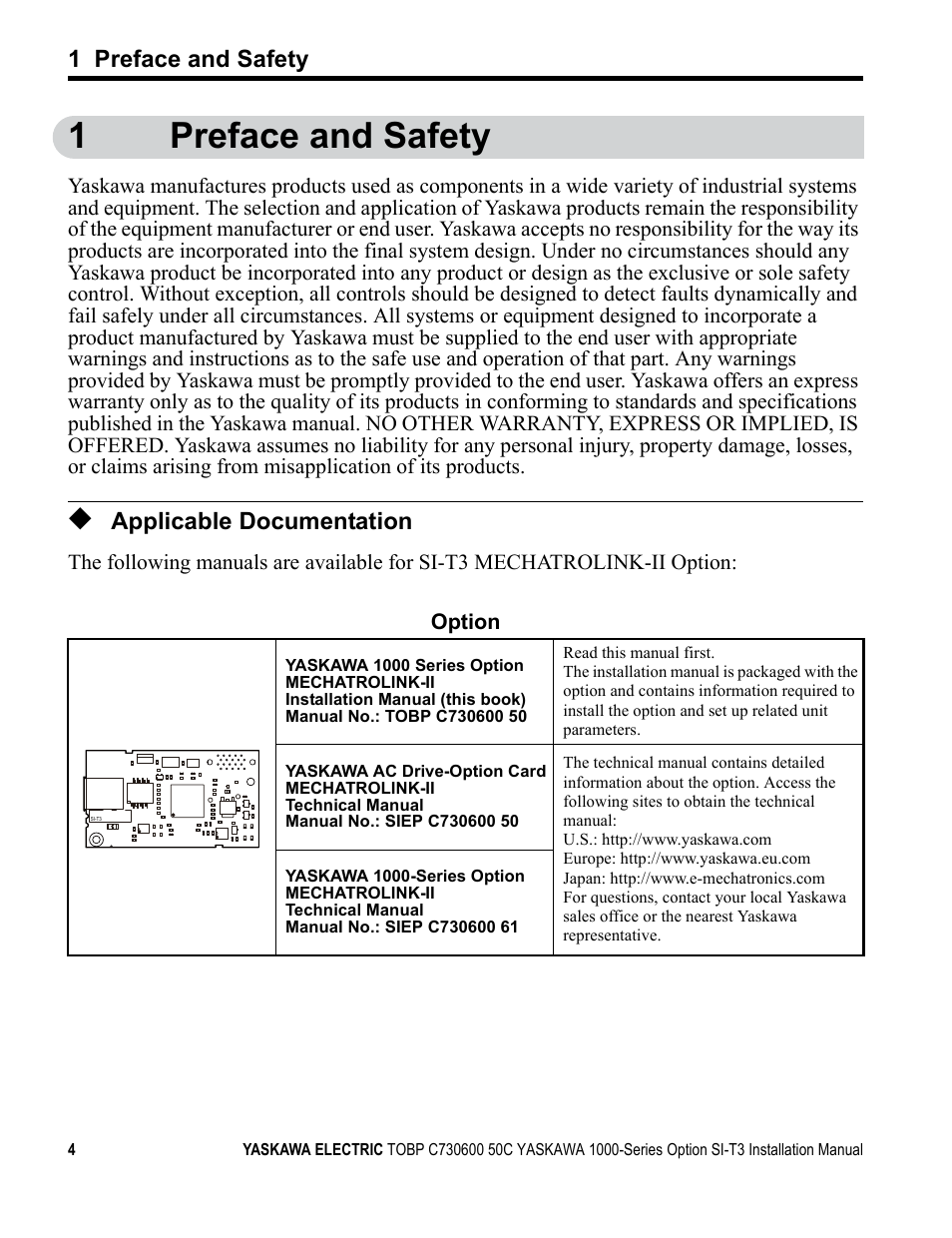1 preface and safety, Applicable documentation, 1preface and safety | Yaskawa 1000 Series Drive Option - MECHATROLINK-II Installation User Manual | Page 4 / 32