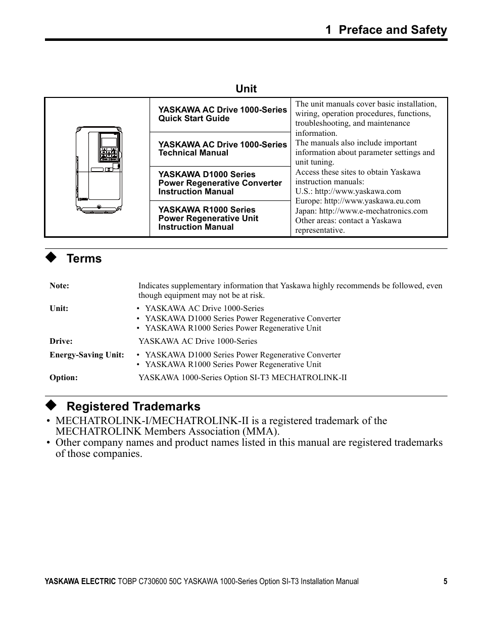 Terms, Registered trademarks, 1 preface and safety | Yaskawa 1000 Series Drive Option - MECHATROLINK-II Installation User Manual | Page 5 / 32