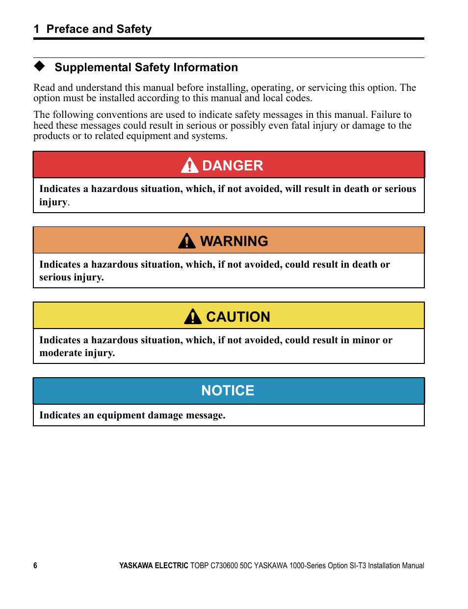 Supplemental safety information, Danger, W arning | Caution, Notice | Yaskawa 1000 Series Drive Option - MECHATROLINK-II Installation User Manual | Page 6 / 32