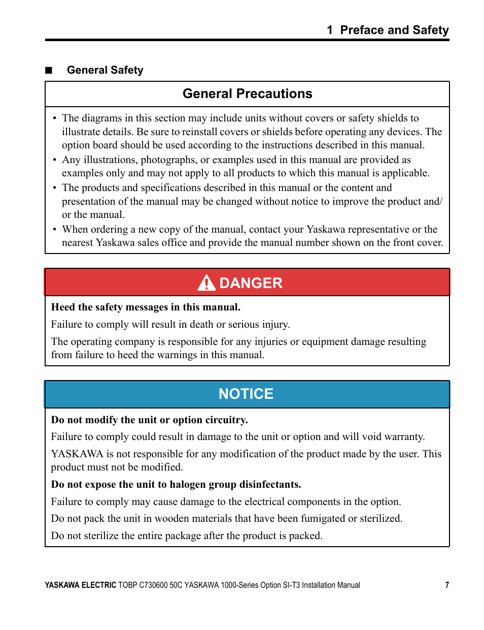 Danger, Notice, General precautions | Yaskawa 1000 Series Drive Option - MECHATROLINK-II Installation User Manual | Page 7 / 32