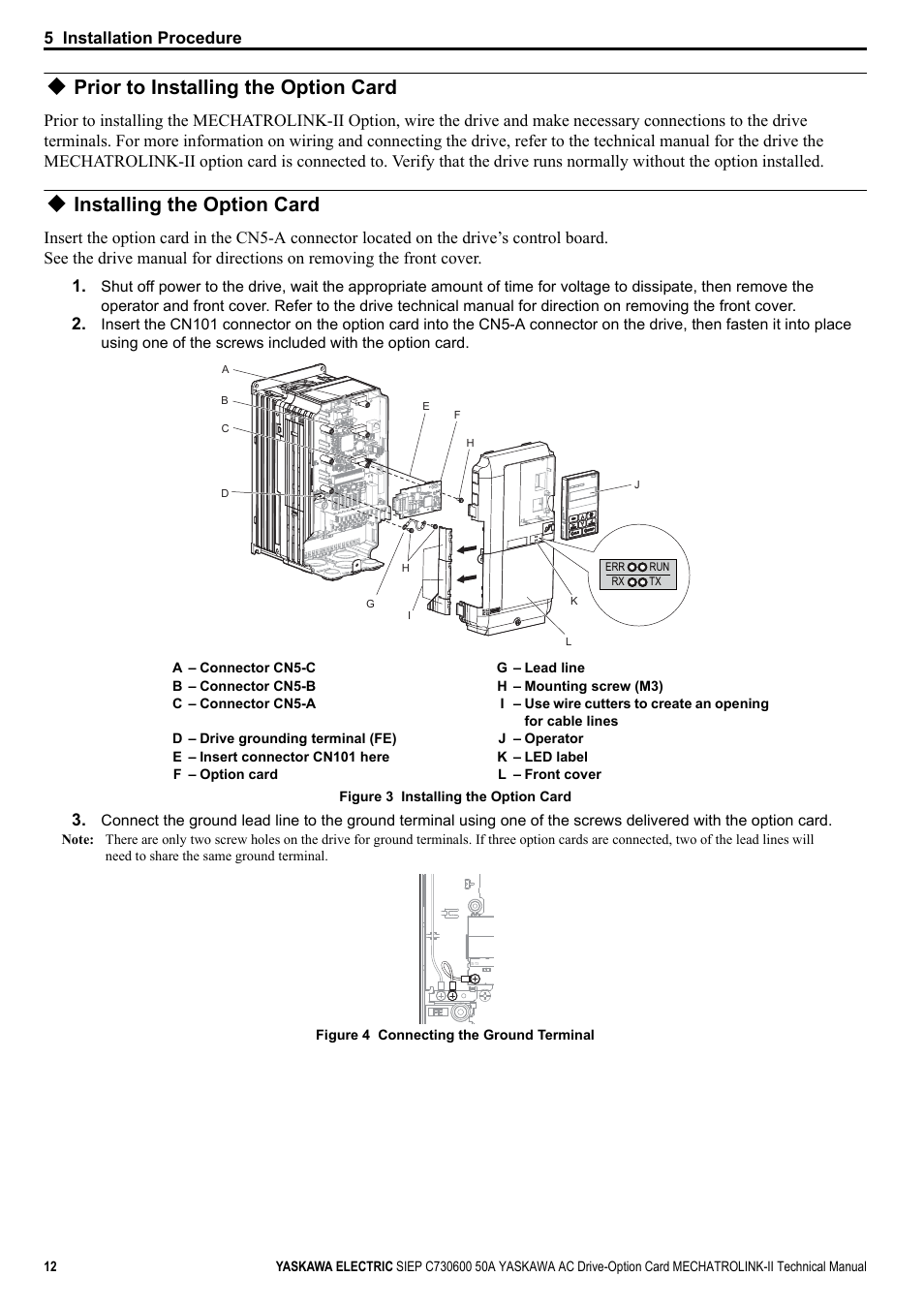Prior to installing the option card, Installing the option card, 5 installation procedure | Yaskawa 1000 Series Drive Option - MECHATROLINK-II Technical Manual User Manual | Page 12 / 41