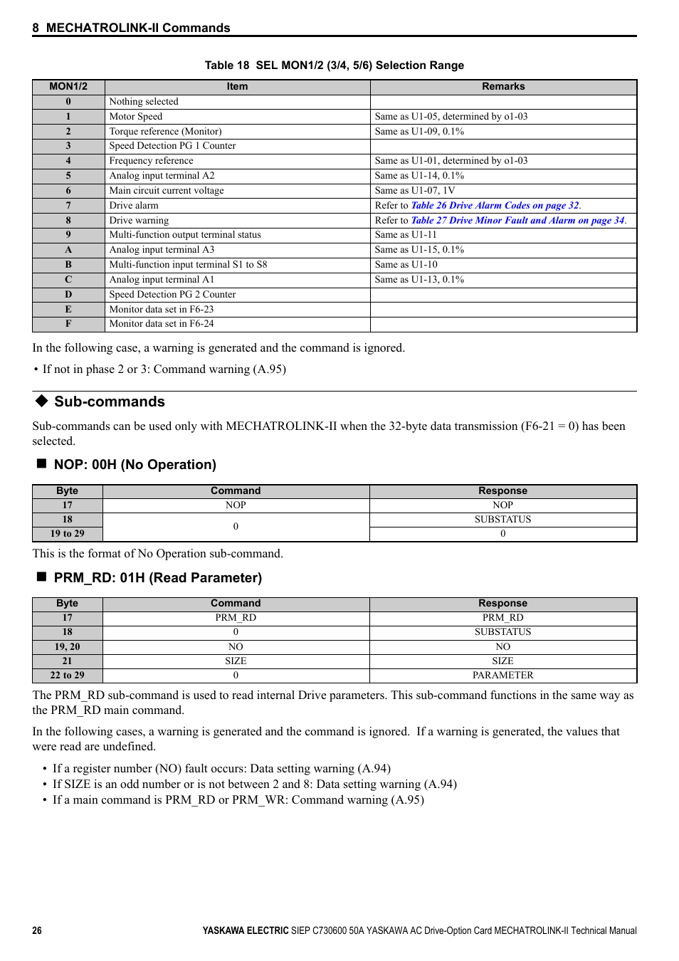 Sub-commands, Table 18, Nop: 00h (no operation) | Prm_rd: 01h (read parameter) | Yaskawa 1000 Series Drive Option - MECHATROLINK-II Technical Manual User Manual | Page 26 / 41