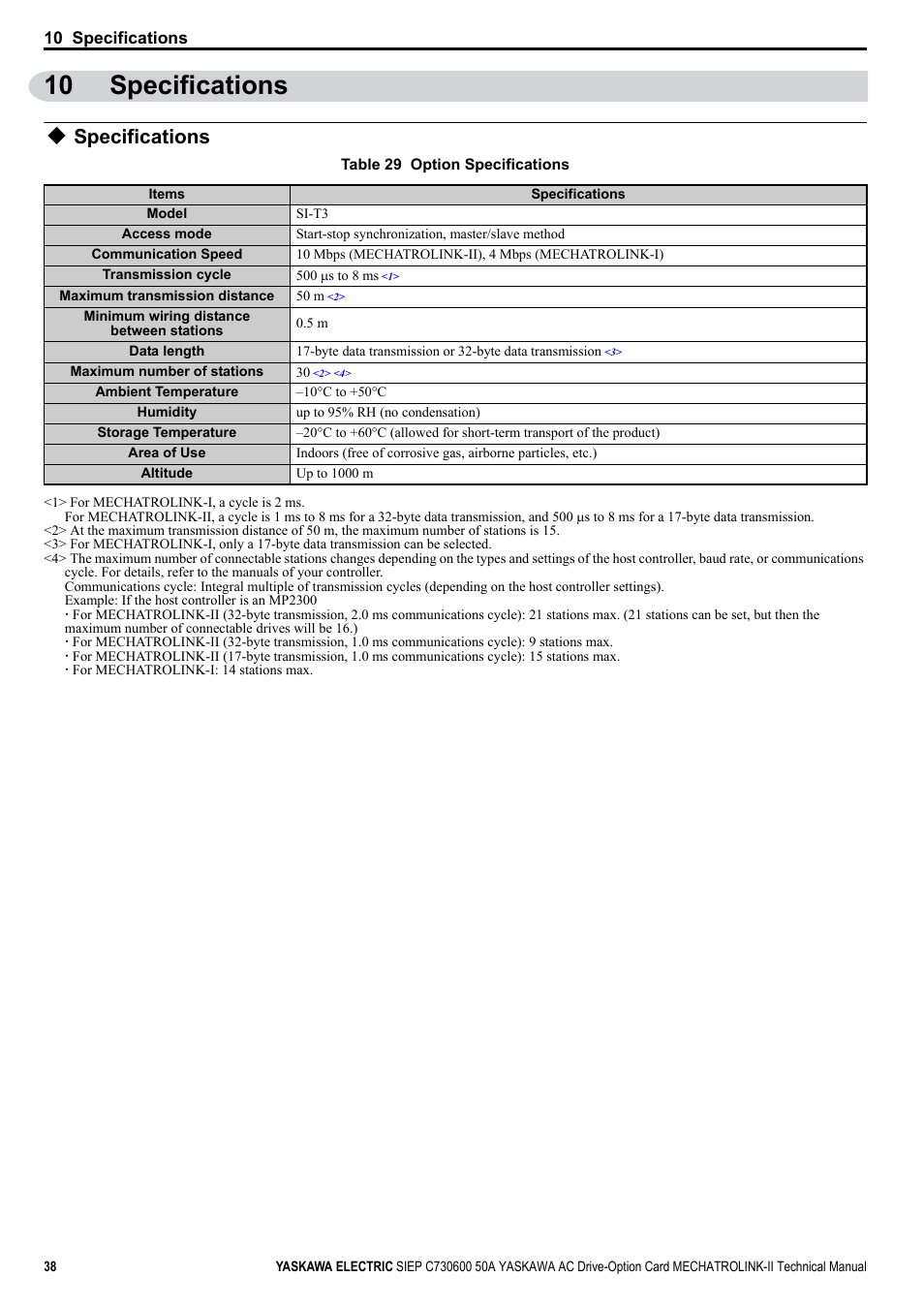 10 specifications, Specifications | Yaskawa 1000 Series Drive Option - MECHATROLINK-II Technical Manual User Manual | Page 38 / 41