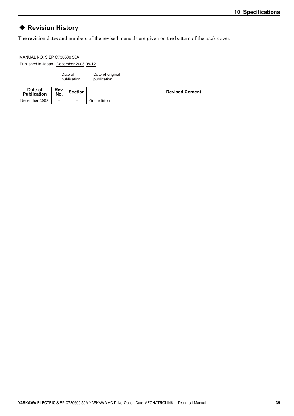 Revision history | Yaskawa 1000 Series Drive Option - MECHATROLINK-II Technical Manual User Manual | Page 39 / 41
