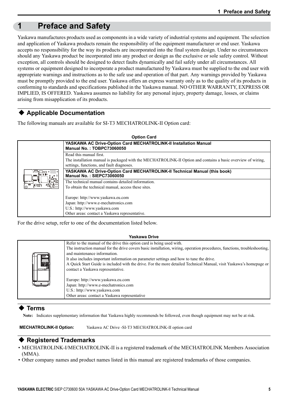 1 preface and safety, Applicable documentation, Terms | Registered trademarks, 1preface and safety | Yaskawa 1000 Series Drive Option - MECHATROLINK-II Technical Manual User Manual | Page 5 / 41