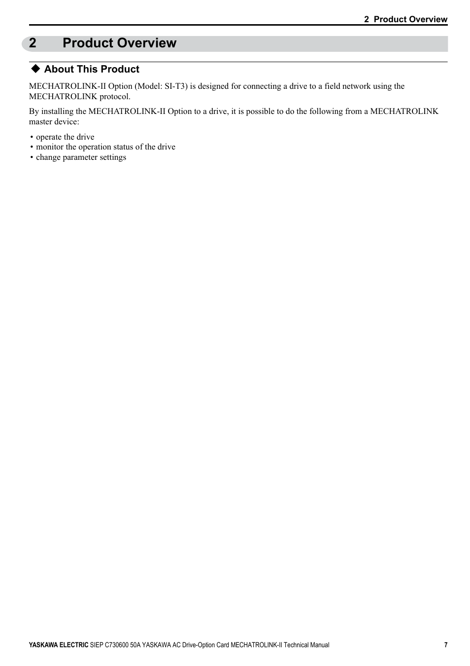 2 product overview, About this product, 2product overview | Yaskawa 1000 Series Drive Option - MECHATROLINK-II Technical Manual User Manual | Page 7 / 41