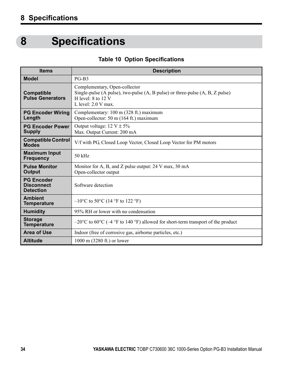 8 specifications, 8specifications | Yaskawa 1000 Series Drive Option - Open Collector Type PG User Manual | Page 34 / 36