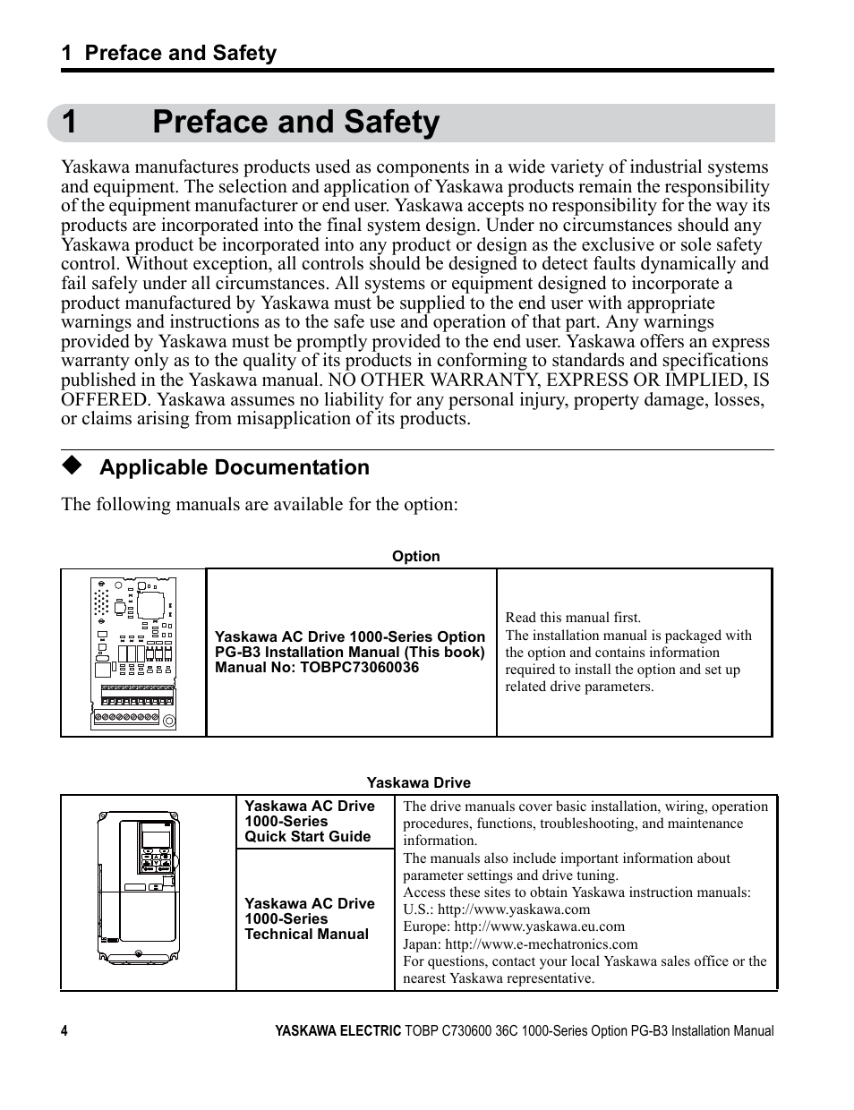 1 preface and safety, Applicable documentation, 1preface and safety | Yaskawa 1000 Series Drive Option - Open Collector Type PG User Manual | Page 4 / 36
