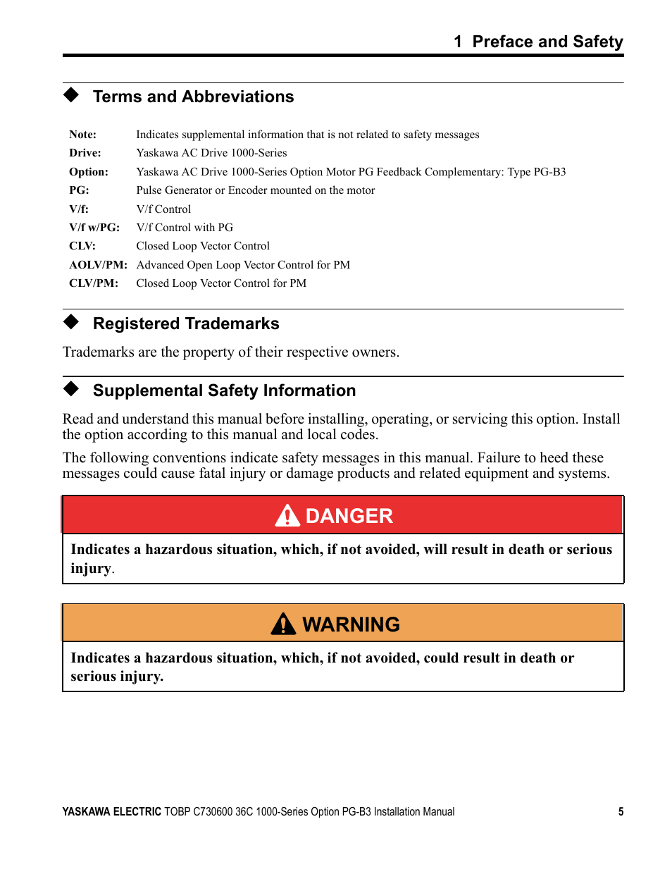 Terms and abbreviations, Registered trademarks, Supplemental safety information | Danger, W arning | Yaskawa 1000 Series Drive Option - Open Collector Type PG User Manual | Page 5 / 36