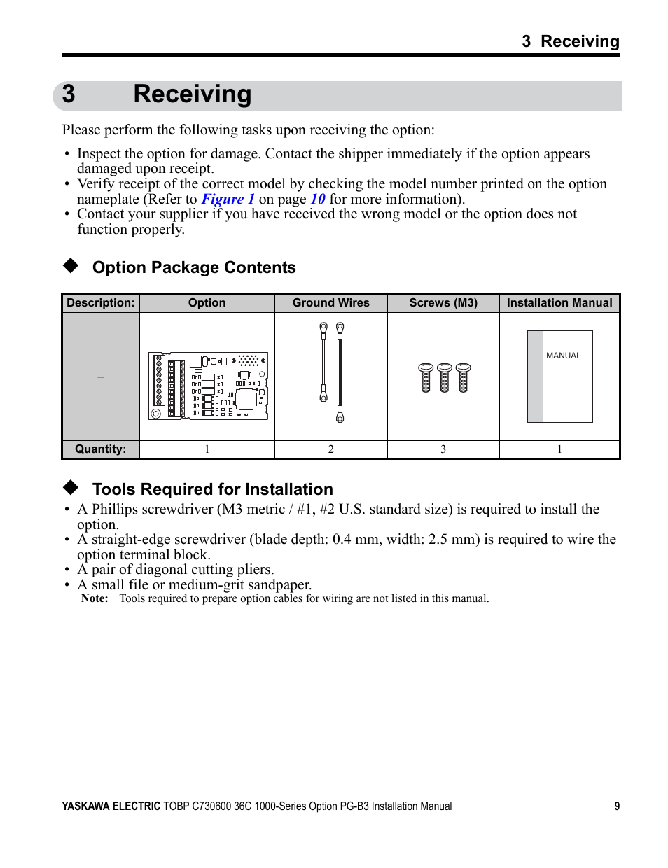 3 receiving, Option package contents, Tools required for installation | 3receiving | Yaskawa 1000 Series Drive Option - Open Collector Type PG User Manual | Page 9 / 36