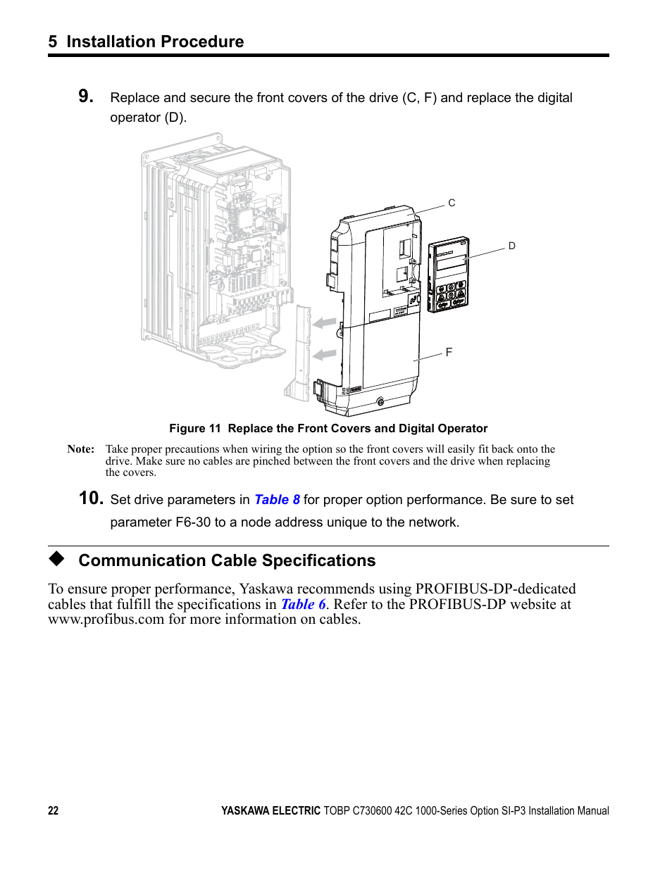 Communication cable specifications, 5 installation procedure | Yaskawa 1000 Series Drive Option - Profibus-DP Installation User Manual | Page 22 / 35