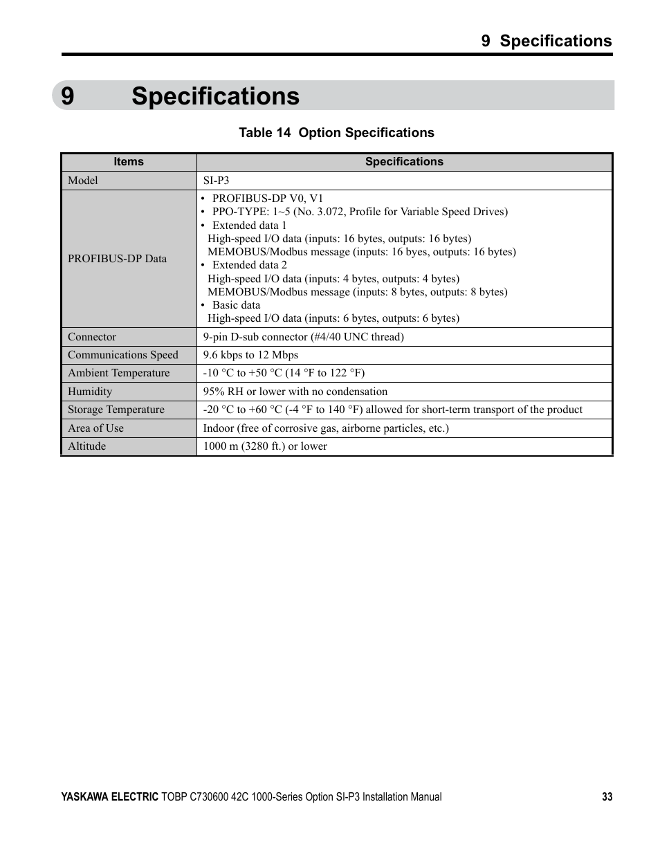 9 specifications, 9specifications | Yaskawa 1000 Series Drive Option - Profibus-DP Installation User Manual | Page 33 / 35