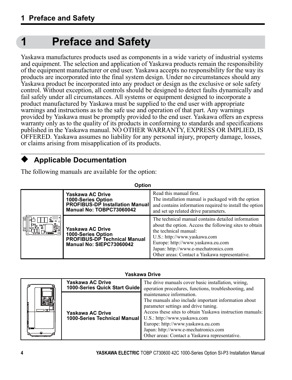 1 preface and safety, Applicable documentation, 1preface and safety | Yaskawa 1000 Series Drive Option - Profibus-DP Installation User Manual | Page 4 / 35