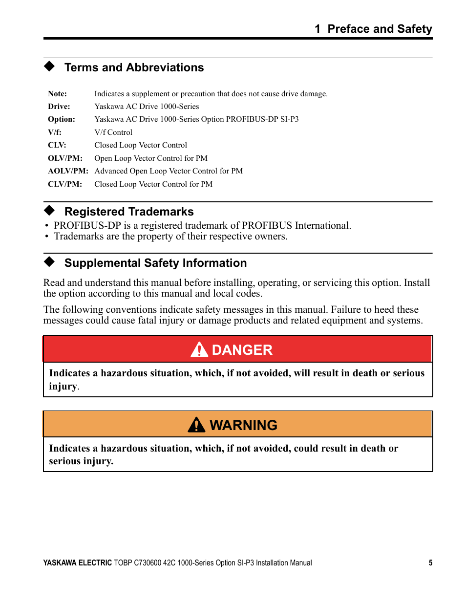 Terms and abbreviations, Registered trademarks, Supplemental safety information | Danger, W arning | Yaskawa 1000 Series Drive Option - Profibus-DP Installation User Manual | Page 5 / 35