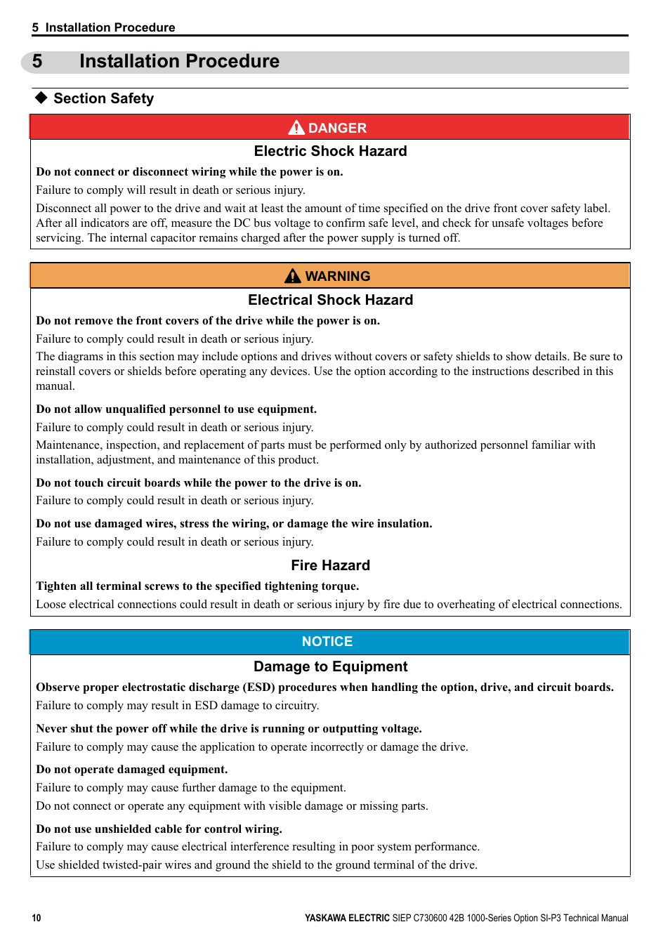 5 installation procedure, Section safety, 5installation procedure | Yaskawa 1000 Series Drive Option - Profibus-DP Technical Manual User Manual | Page 10 / 44
