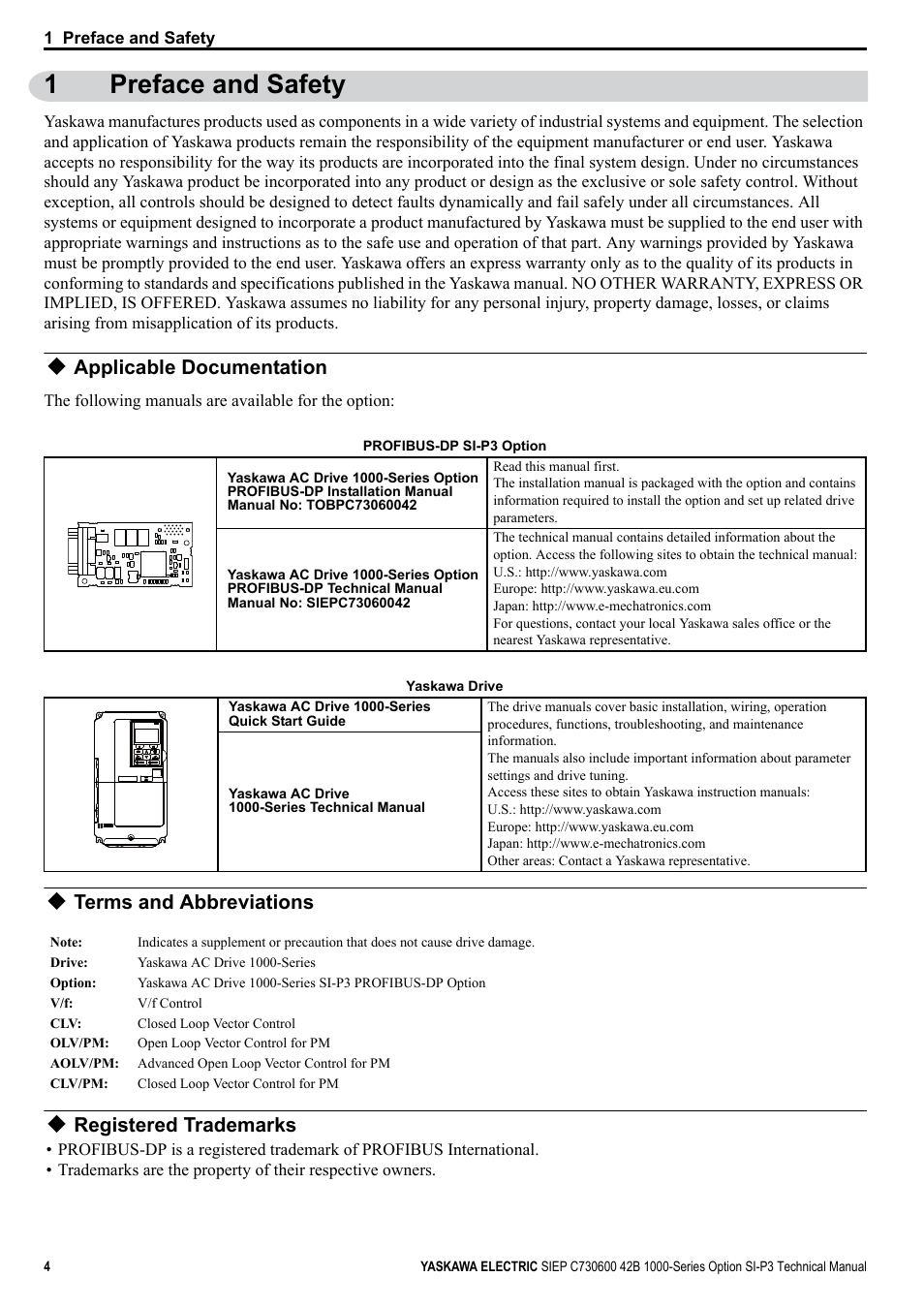 1 preface and safety, Applicable documentation, Terms and abbreviations | Registered trademarks, 1preface and safety | Yaskawa 1000 Series Drive Option - Profibus-DP Technical Manual User Manual | Page 4 / 44