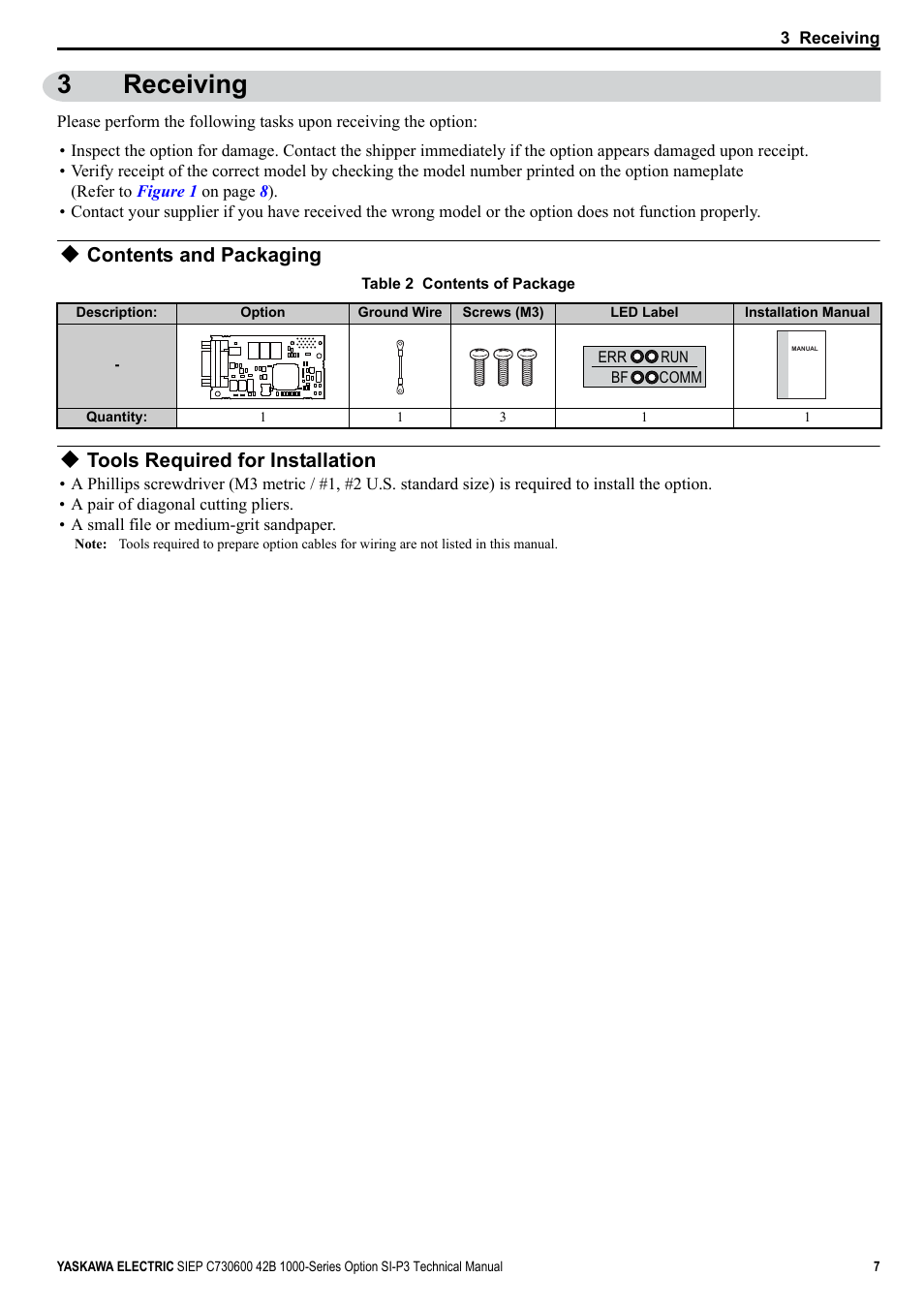 3 receiving, Contents and packaging, Tools required for installation | 3receiving | Yaskawa 1000 Series Drive Option - Profibus-DP Technical Manual User Manual | Page 7 / 44