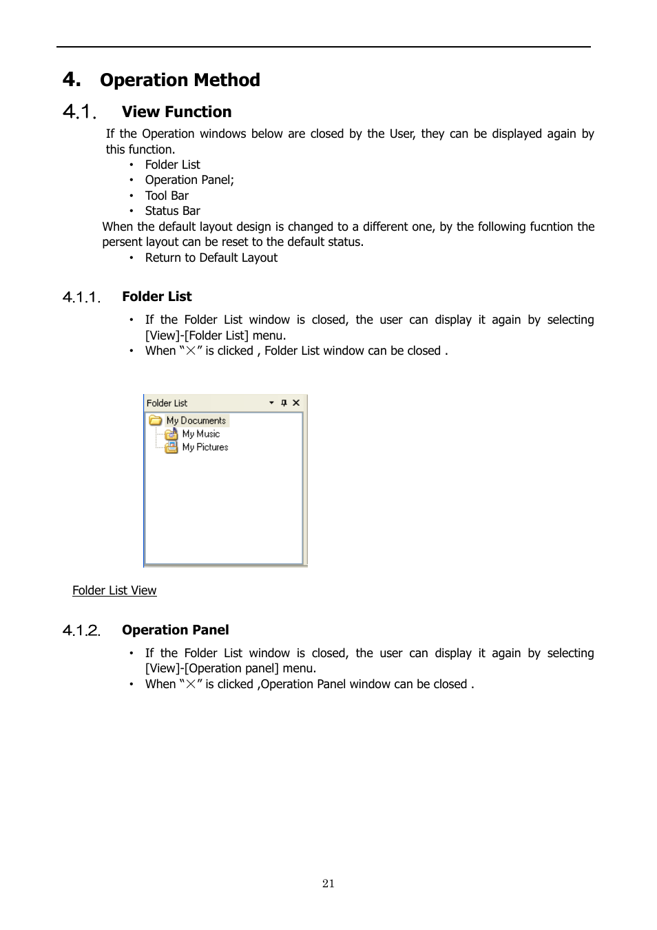 Operation method, View function, Folder list | Operation panel, Main menu, Operation method 4.1 | Yaskawa 1000 Series JVOP-181 Copy Unit Manager User Manual | Page 21 / 38