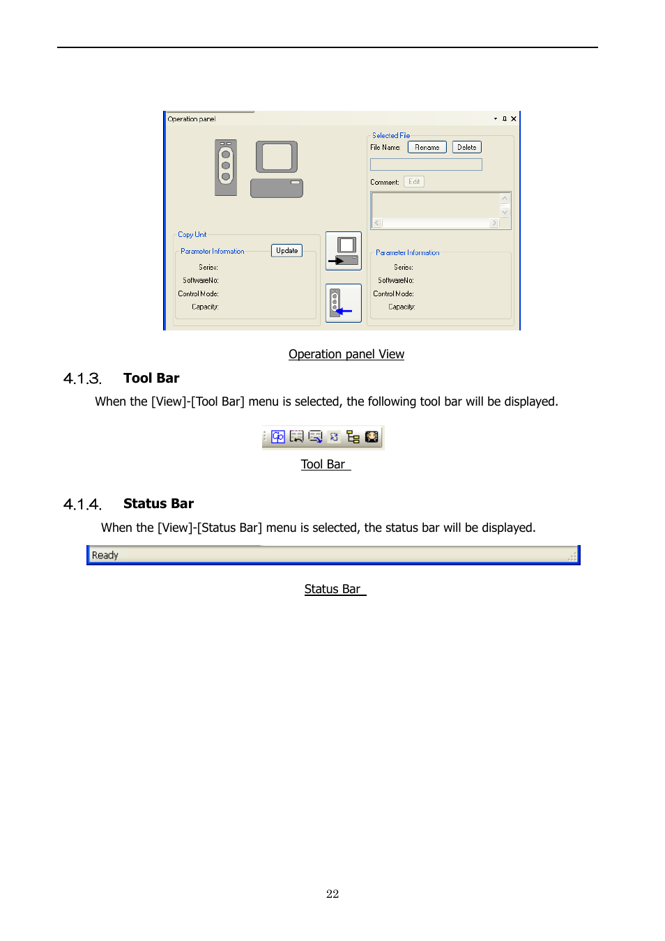 Tool bar, Status bar, Operation panel | Yaskawa 1000 Series JVOP-181 Copy Unit Manager User Manual | Page 22 / 38