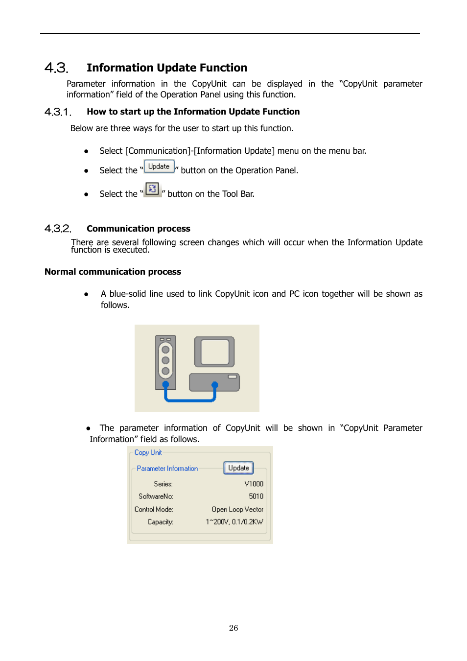 Information update function, How to start up the information update function, Communication process | Memobus setting dialog | Yaskawa 1000 Series JVOP-181 Copy Unit Manager User Manual | Page 26 / 38