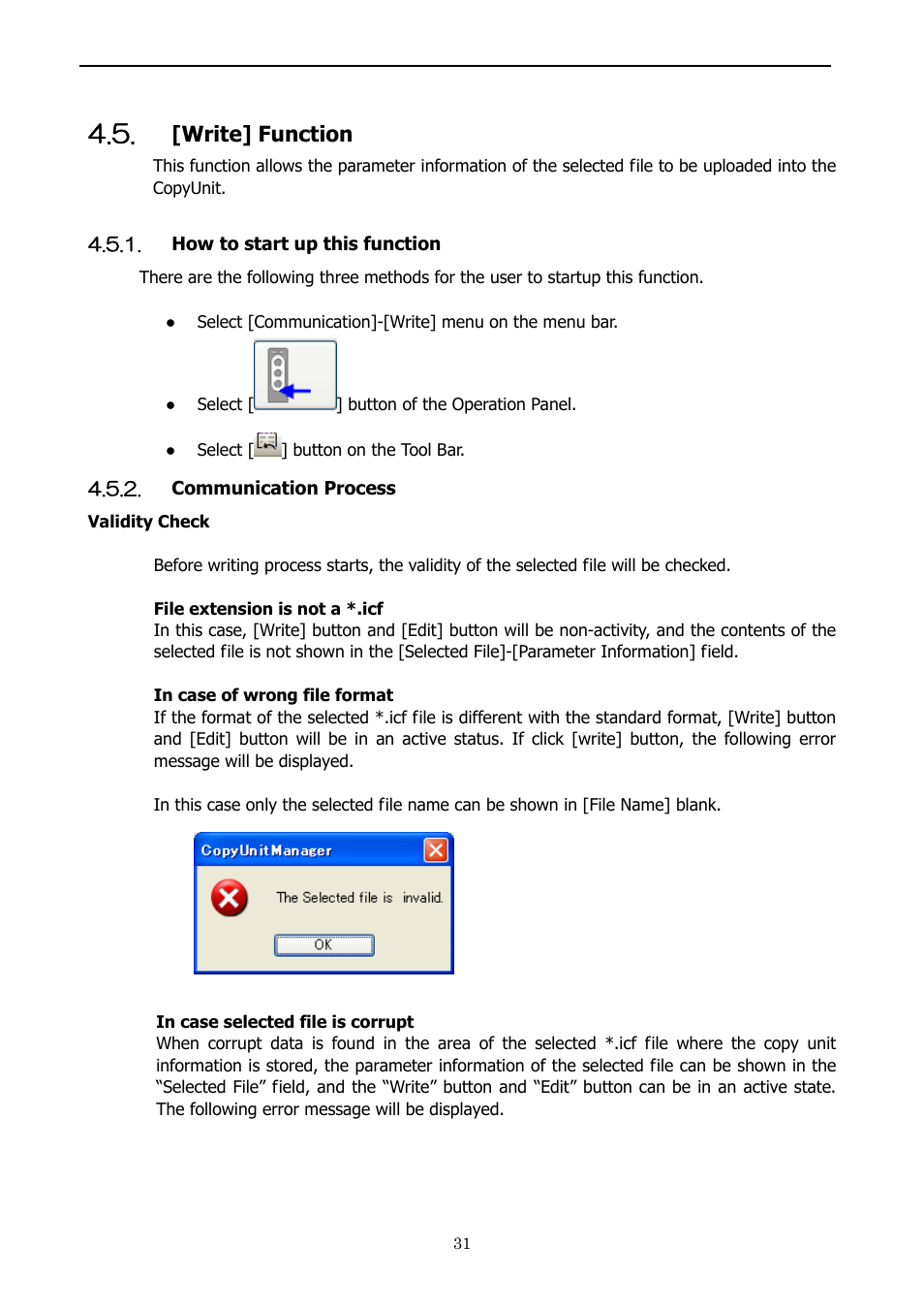[write] function, How to start up this function, Communication process | Write] function | Yaskawa 1000 Series JVOP-181 Copy Unit Manager User Manual | Page 31 / 38