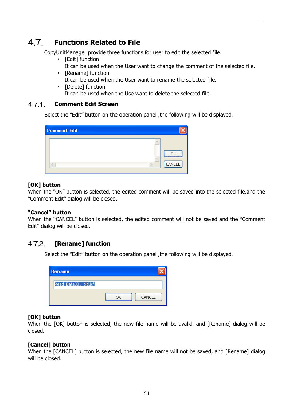 Functions related to file, Comment edit screen, [rename] function | Option dialog view | Yaskawa 1000 Series JVOP-181 Copy Unit Manager User Manual | Page 34 / 38