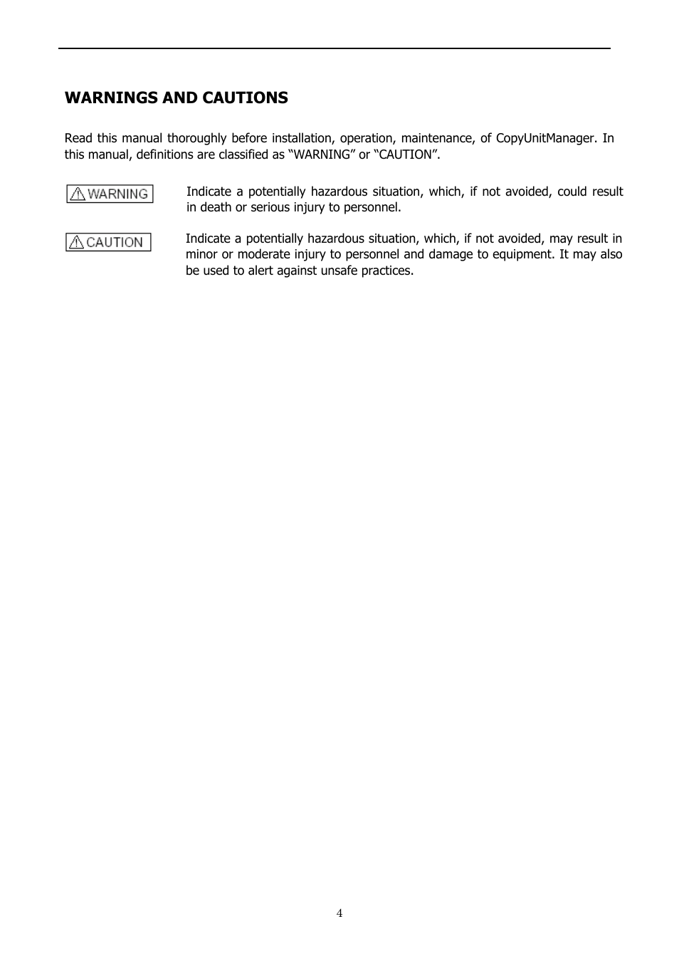 Warnings and cautions | Yaskawa 1000 Series JVOP-181 Copy Unit Manager User Manual | Page 4 / 38