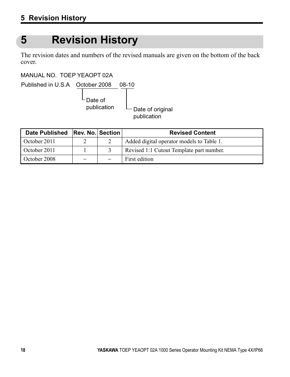 5 revision history, 5revision history | Yaskawa 1000 Series Operator Mounting Kit NEMA Type 4X User Manual | Page 18 / 20