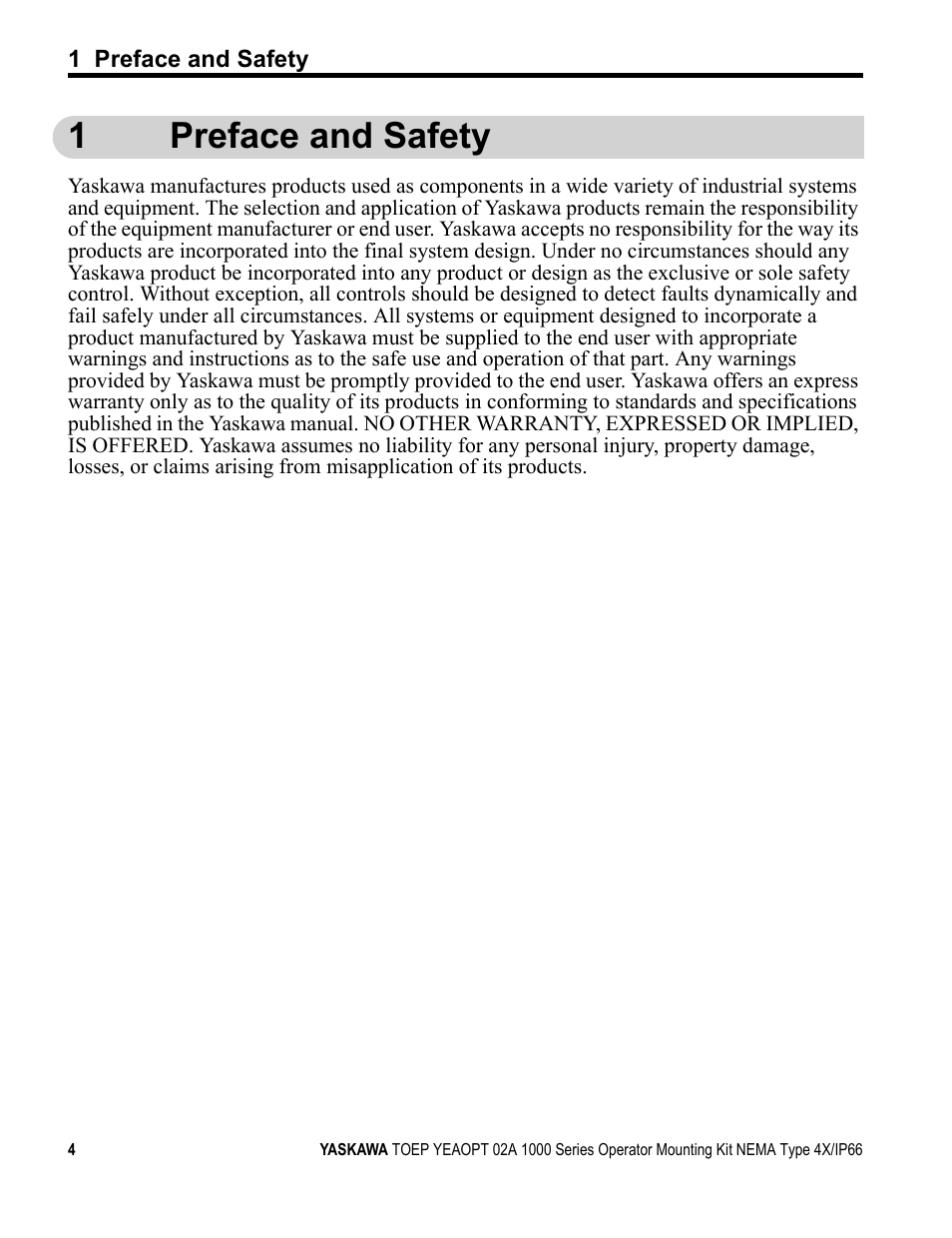 1 preface and safety, 1preface and safety | Yaskawa 1000 Series Operator Mounting Kit NEMA Type 4X User Manual | Page 4 / 20